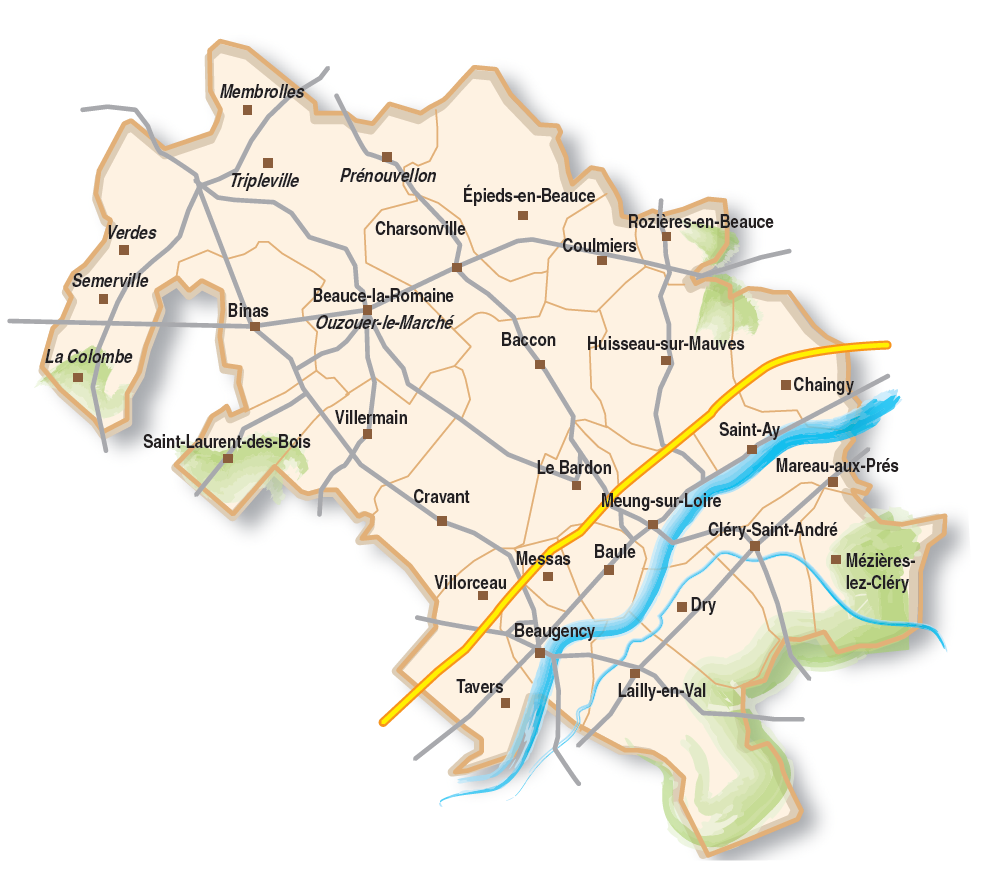 Carte illustrative de la Communauté de communes des Terres du Val de Loire, montrant les communes et les principaux axes du territoire.