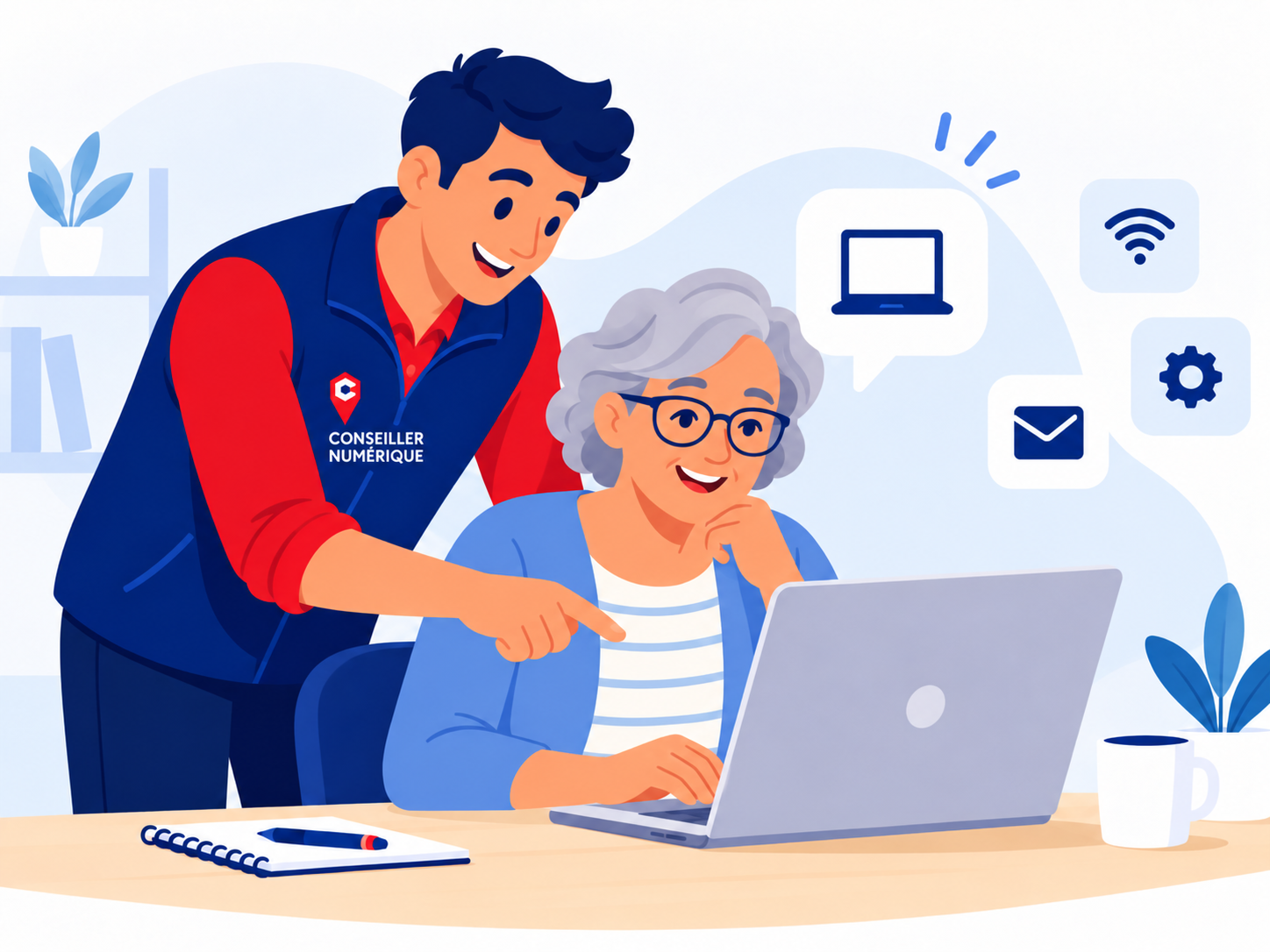 Un conseiller numérique accompagne une personne dans l'utilisation d'un ordinateur.